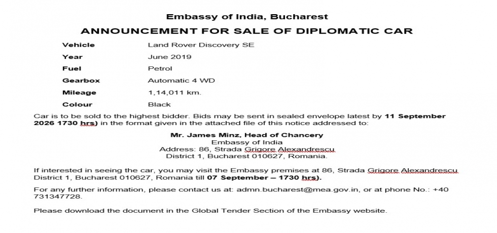 Advertisement for Sale of Diplomatic Car